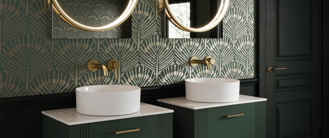 Image of luxury green and gold twin sinks - find out more about our brands at a showroom appointment