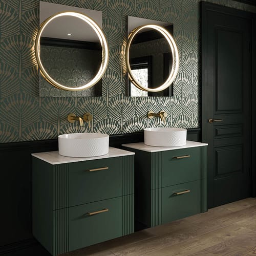Get-inspired-image-fabrica Elegant modern green and gold bathroom with twin sinks